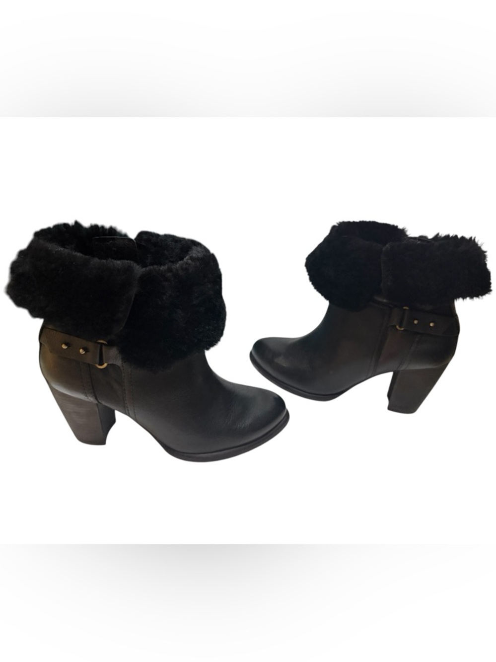 UGG Jayne Heeled Ankle Boots Black Leather w/ Sheepskin Lining Size 7